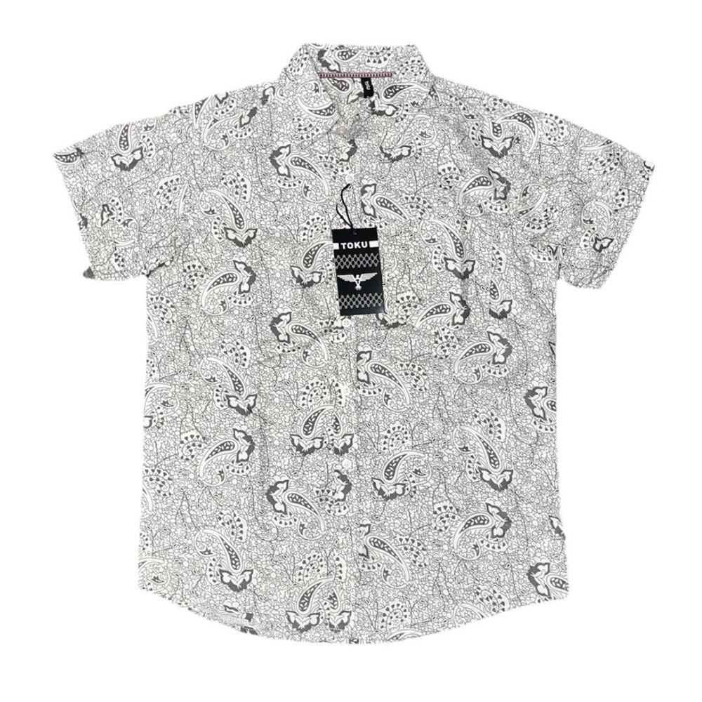 Toku Ivory White Gray Paisley Short Sleeve Button Down Shirt Men’s Small NWT